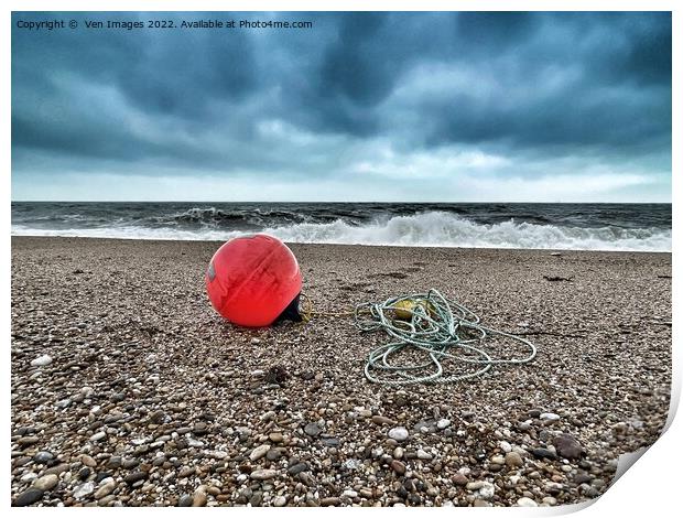 Beach and buoy on A Devon Beach Print by  Ven Images