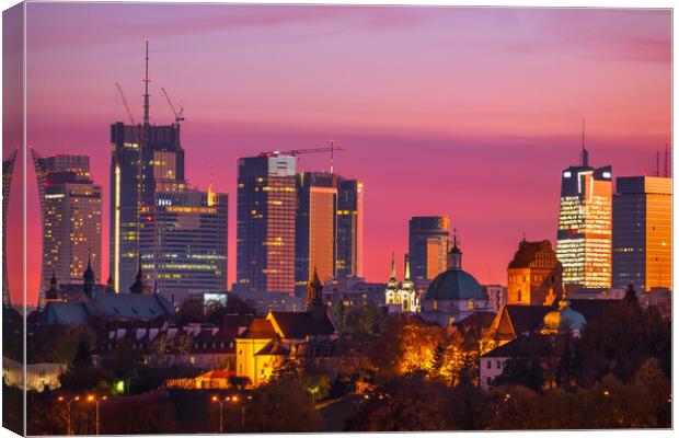 Twilight City Skyline Of Warsaw Downtown Canvas Print by Artur Bogacki