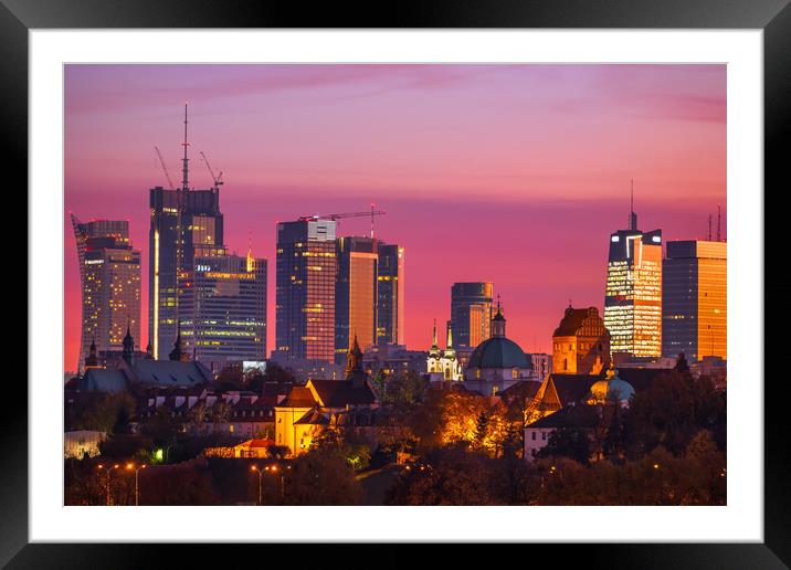 Twilight City Skyline Of Warsaw Downtown Framed Mounted Print by Artur Bogacki