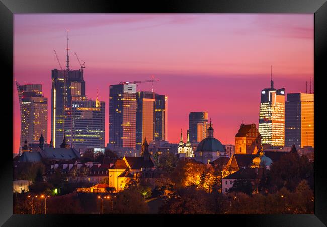 Twilight City Skyline Of Warsaw Downtown Framed Print by Artur Bogacki
