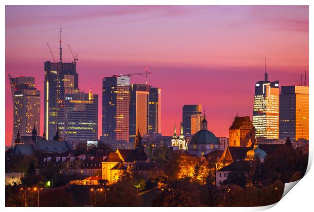 Twilight City Skyline Of Warsaw Downtown Print by Artur Bogacki