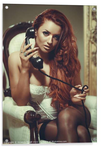 Woman In Lingerie On Telephone Acrylic by Amanda Elwell