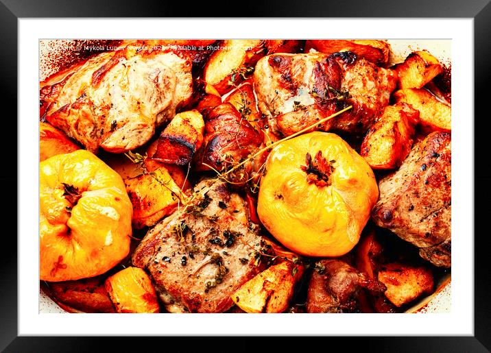 Meat baked with quince,close up,macro Framed Mounted Print by Mykola Lunov Mykola