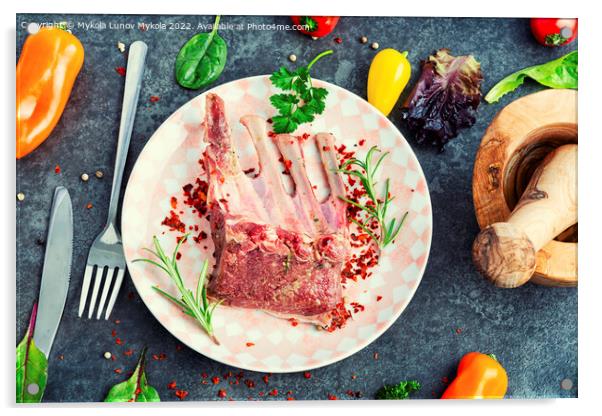 Raw fresh lamb ribs. Acrylic by Mykola Lunov Mykola