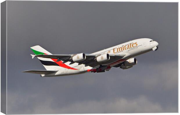 Emirates A380 climbing away Canvas Print by Allan Durward Photography