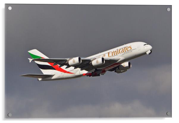 Emirates A380 climbing away Acrylic by Allan Durward Photography