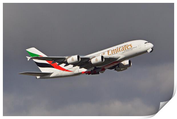 Emirates A380 climbing away Print by Allan Durward Photography
