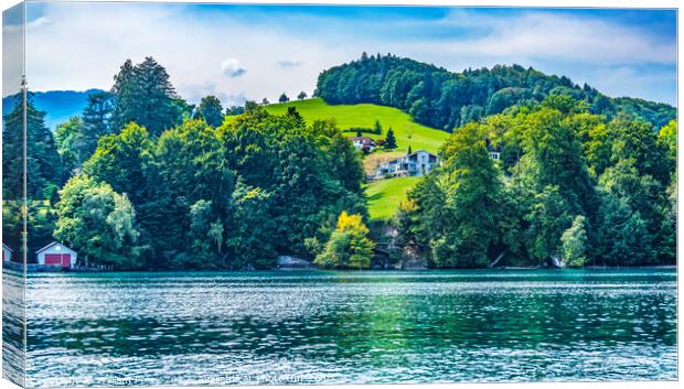 Houses Boathouse Green Meadows Lake Lucerne Switzerland Canvas Print by William Perry