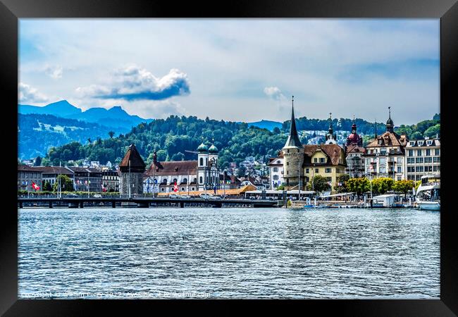 Inner Harbor Buildings Lake Mountains Lucerne Switzerland Framed Print by William Perry