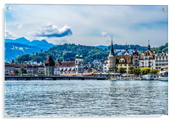 Inner Harbor Buildings Lake Mountains Lucerne Switzerland Acrylic by William Perry