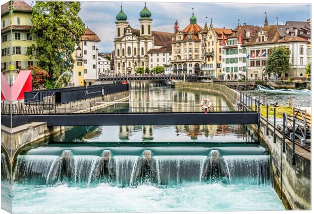 Waterfall Jesuit Church Inner Harbor Lucerne Switzerland Canvas Print by William Perry