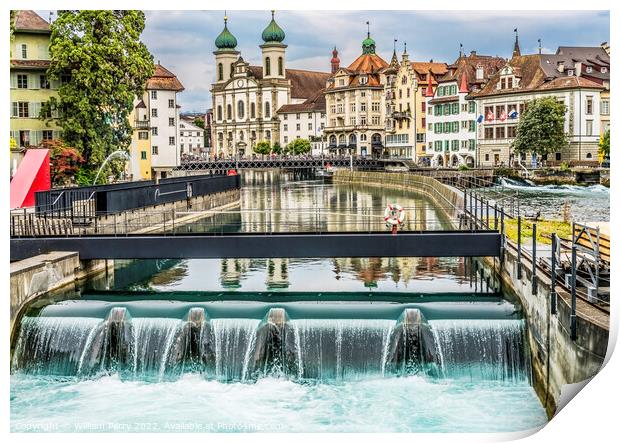 Waterfall Jesuit Church Inner Harbor Lucerne Switzerland Print by William Perry