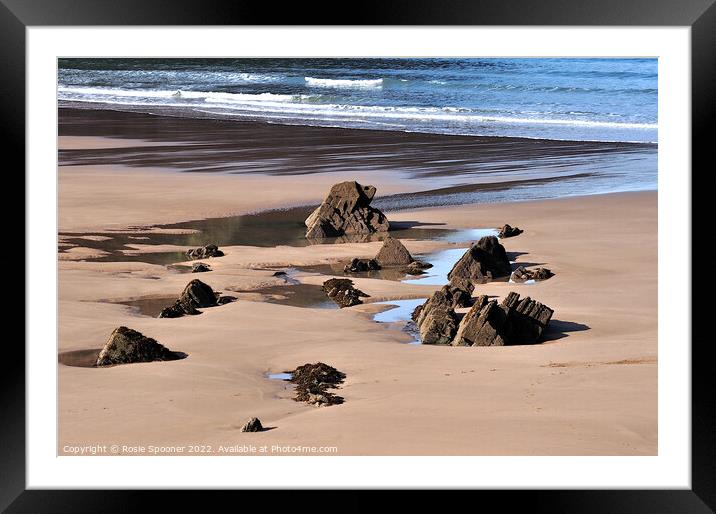 Puddles and Rocks at Putsborough Sands Framed Mounted Print by Rosie Spooner