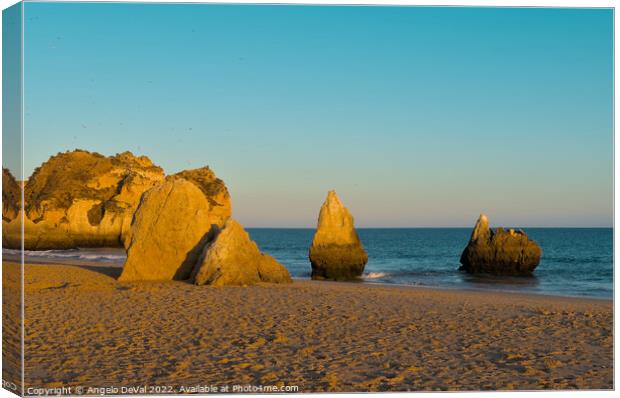 Sunset in Three Brothers Beach. Algarve Canvas Print by Angelo DeVal