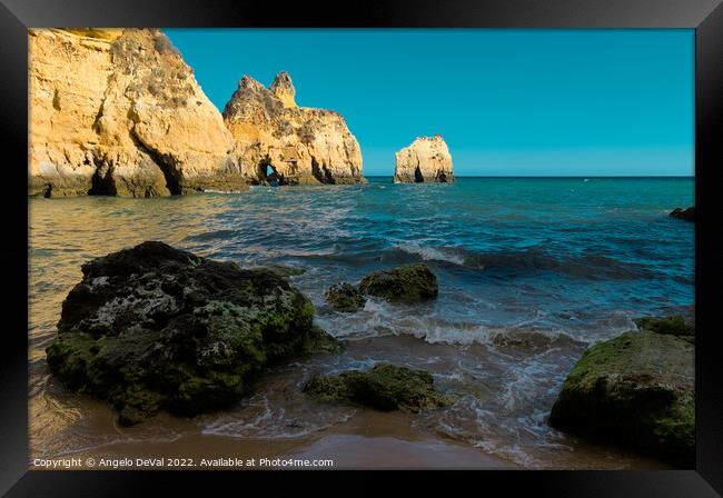 Rocks and Three Brothers Beach in Algarve Framed Print by Angelo DeVal