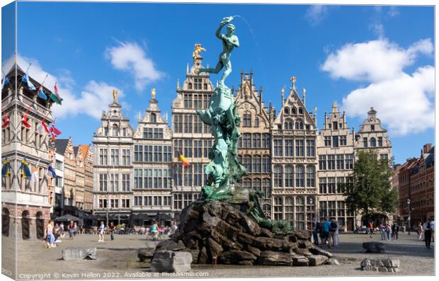 Brabo's monument with Guild houses in the Grote Markt, Antwerp,  Canvas Print by Kevin Hellon