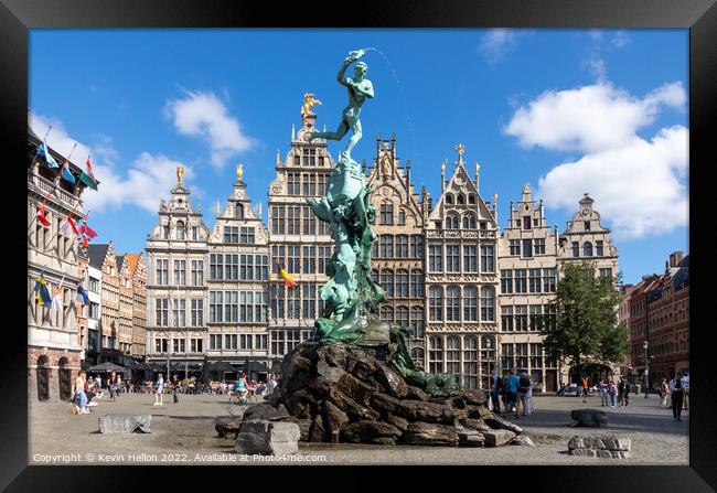 Brabo's monument with Guild houses in the Grote Markt, Antwerp,  Framed Print by Kevin Hellon
