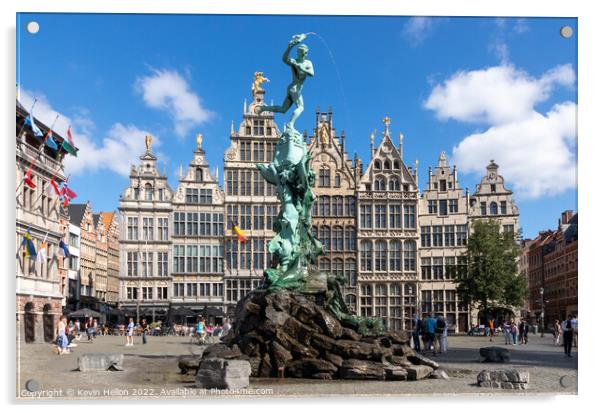 Brabo's monument with Guild houses in the Grote Markt, Antwerp,  Acrylic by Kevin Hellon