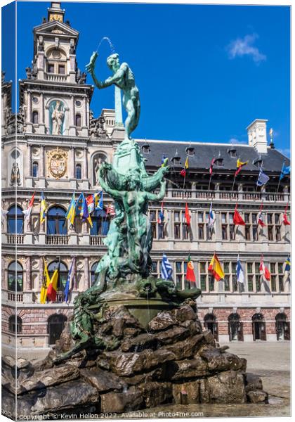 Brabo's monument with Stadhuis (City Hall) in the Grote Markt, A Canvas Print by Kevin Hellon