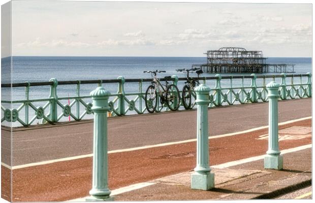 Brighton Seafront, Old Pier, with  Bicycles Canvas Print by kathy white