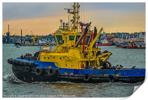 Tugboat sailing at river Print by Daniel Ferreira-Leite