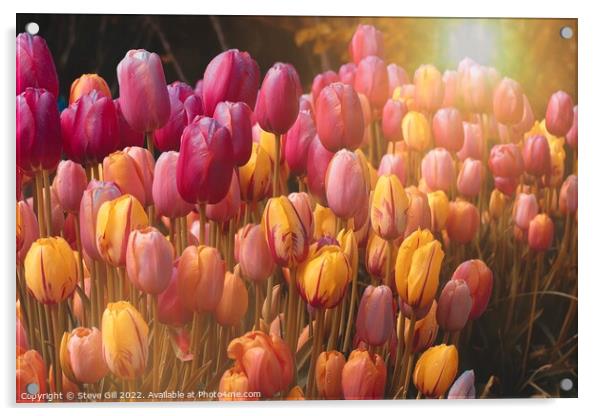 Sun Flare Illuminates a Variety of Colourful Tulips.. Acrylic by Steve Gill