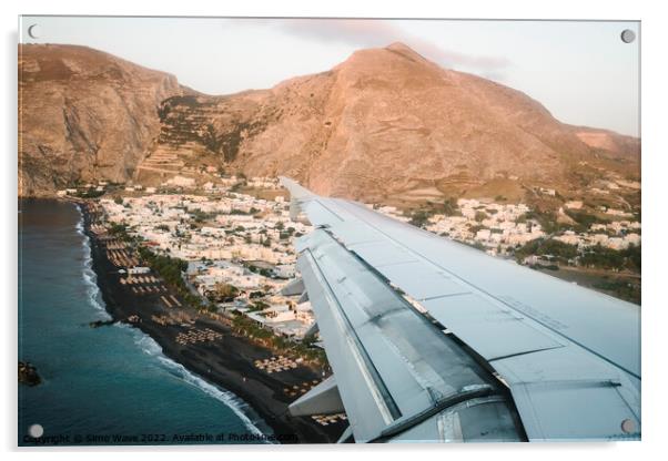 Airplane is landing in Santorini Island Acrylic by Simo Wave