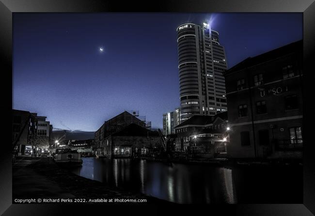 Bridgewater Place in the Moonlight Framed Print by Richard Perks