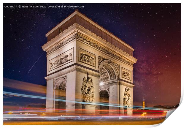 A night time view of the Arc de Triomphe, Paris Print by Navin Mistry