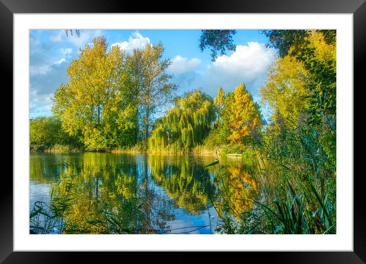 Serene Autumn Lake Reflection Framed Mounted Print by Helkoryo Photography