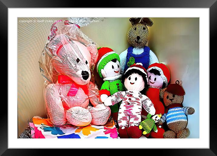Children's nursery wall art - Colourful knitted soft toys Framed Mounted Print by Geoff Childs