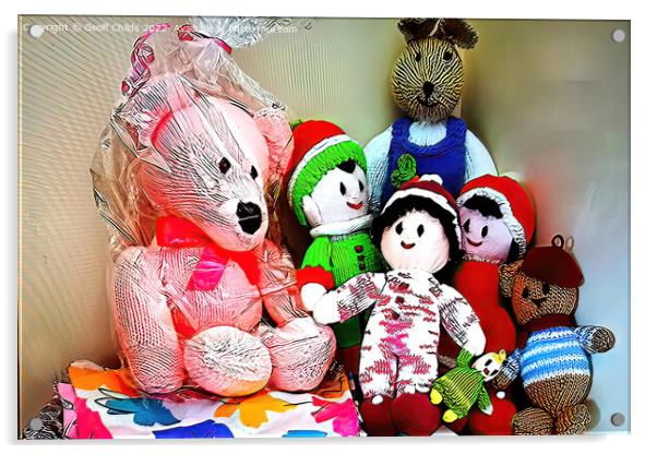 Children's nursery wall art - Colourful knitted soft toys Acrylic by Geoff Childs