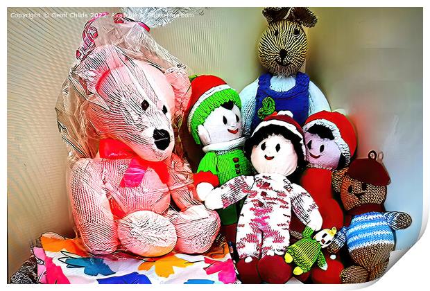 Children's nursery wall art - Colourful knitted soft toys Print by Geoff Childs