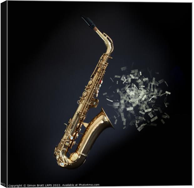 Saxophone with money coming from bell on black Canvas Print by Simon Bratt LRPS