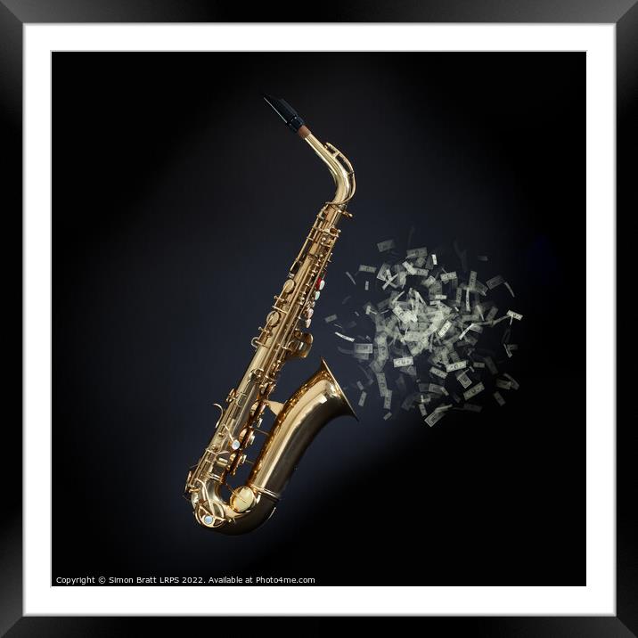 Saxophone with money coming from bell on black Framed Mounted Print by Simon Bratt LRPS