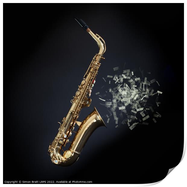 Saxophone with money coming from bell on black Print by Simon Bratt LRPS