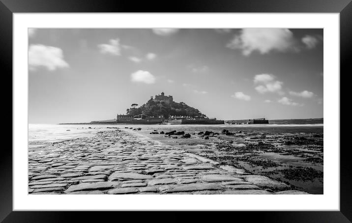 St Michaels Mount Black and White Framed Mounted Print by Apollo Aerial Photography