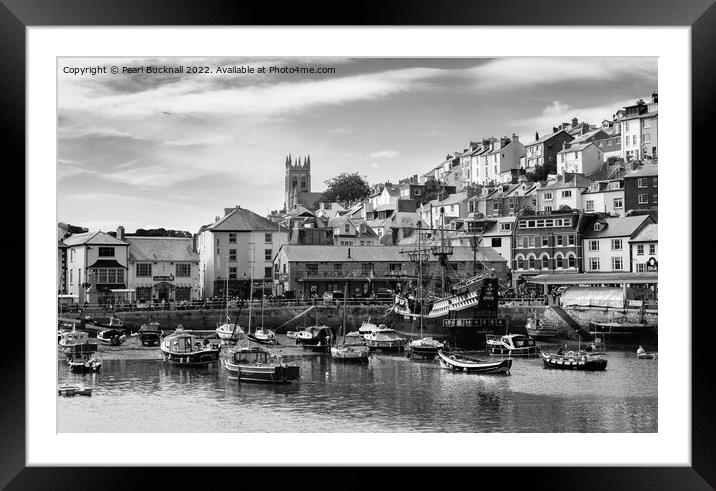 Brixham Harbour Devon Black and White Framed Mounted Print by Pearl Bucknall