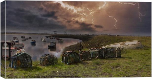 Lightning Strikes Over Power Station Canvas Print by Marie Castagnoli