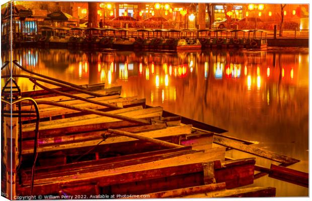 Wooden Boats Houhai Lake Beijing China Night Illuminated Canvas Print by William Perry