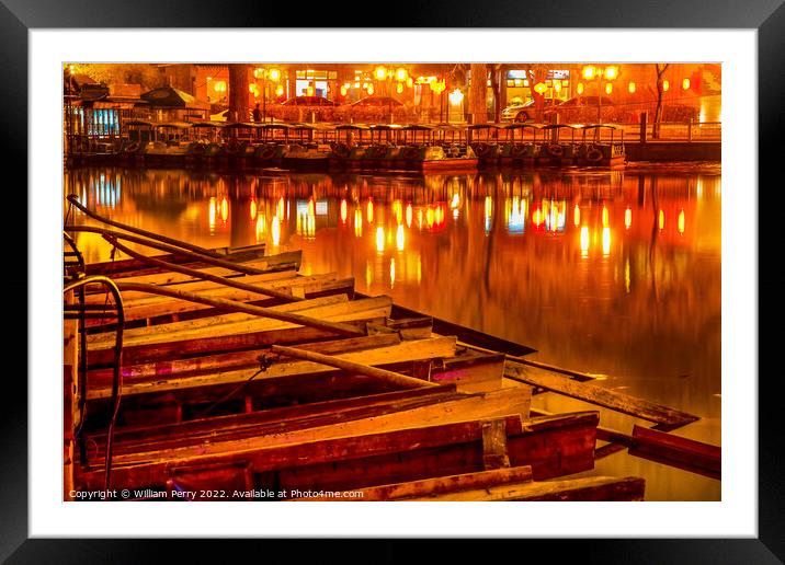 Wooden Boats Houhai Lake Beijing China Night Illuminated Framed Mounted Print by William Perry