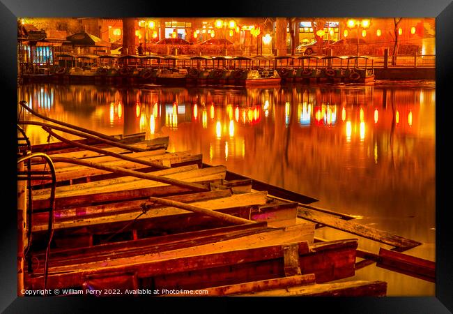 Wooden Boats Houhai Lake Beijing China Night Illuminated Framed Print by William Perry