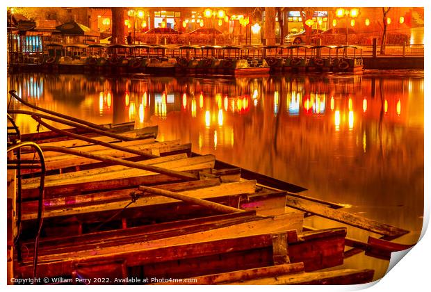 Wooden Boats Houhai Lake Beijing China Night Illuminated Print by William Perry