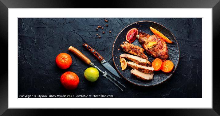 Meat baked with citrus. Framed Mounted Print by Mykola Lunov Mykola