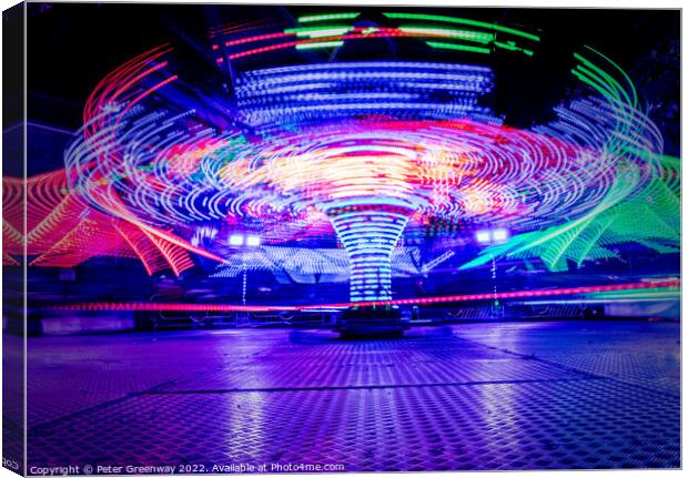 Light Trails From The Twisters Fairground Ride At The Woodstock  Canvas Print by Peter Greenway