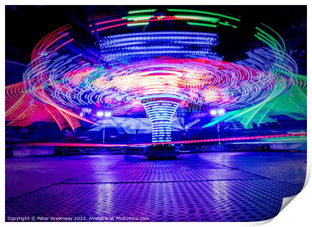 Light Trails From The Twisters Fairground Ride At The Woodstock  Print by Peter Greenway