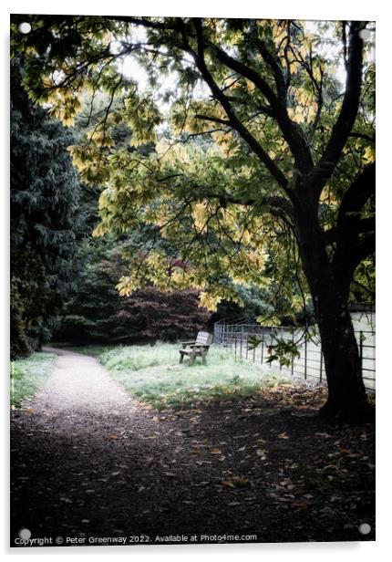 Wooden Bench Seat Amongst Autumnal Leaves On The Trees At Batsfo Acrylic by Peter Greenway