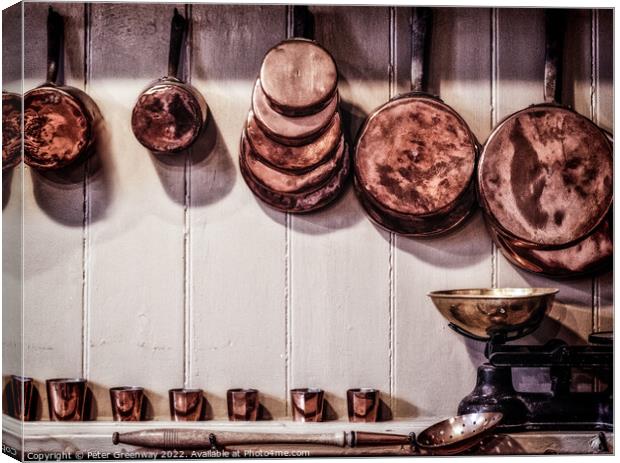 Vintage English Copper Cooking Pots & Pans Hung Up In A Kitchen Canvas Print by Peter Greenway