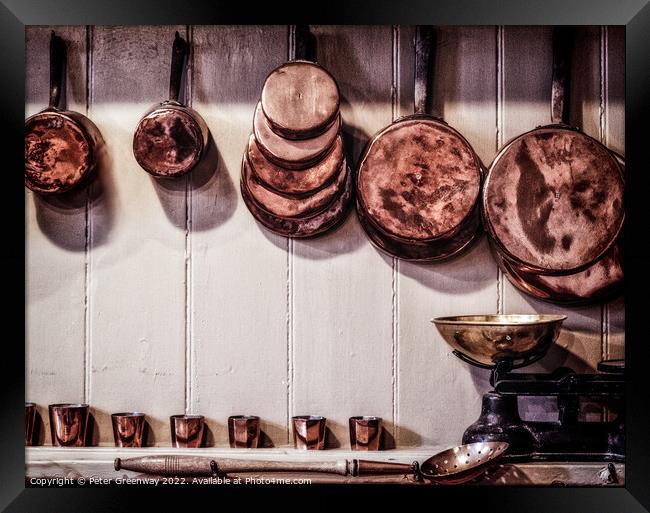 Vintage English Copper Cooking Pots & Pans Hung Up In A Kitchen Framed Print by Peter Greenway
