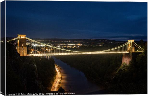 Traffic Light Trails Under The Clifton Suspension Bridge, Avon A Canvas Print by Peter Greenway
